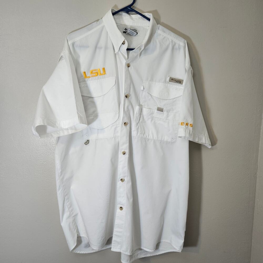 Columbia PFG LSU Size XL Bahama II Fishing Shirt Men’s White Short Sleeve Vented